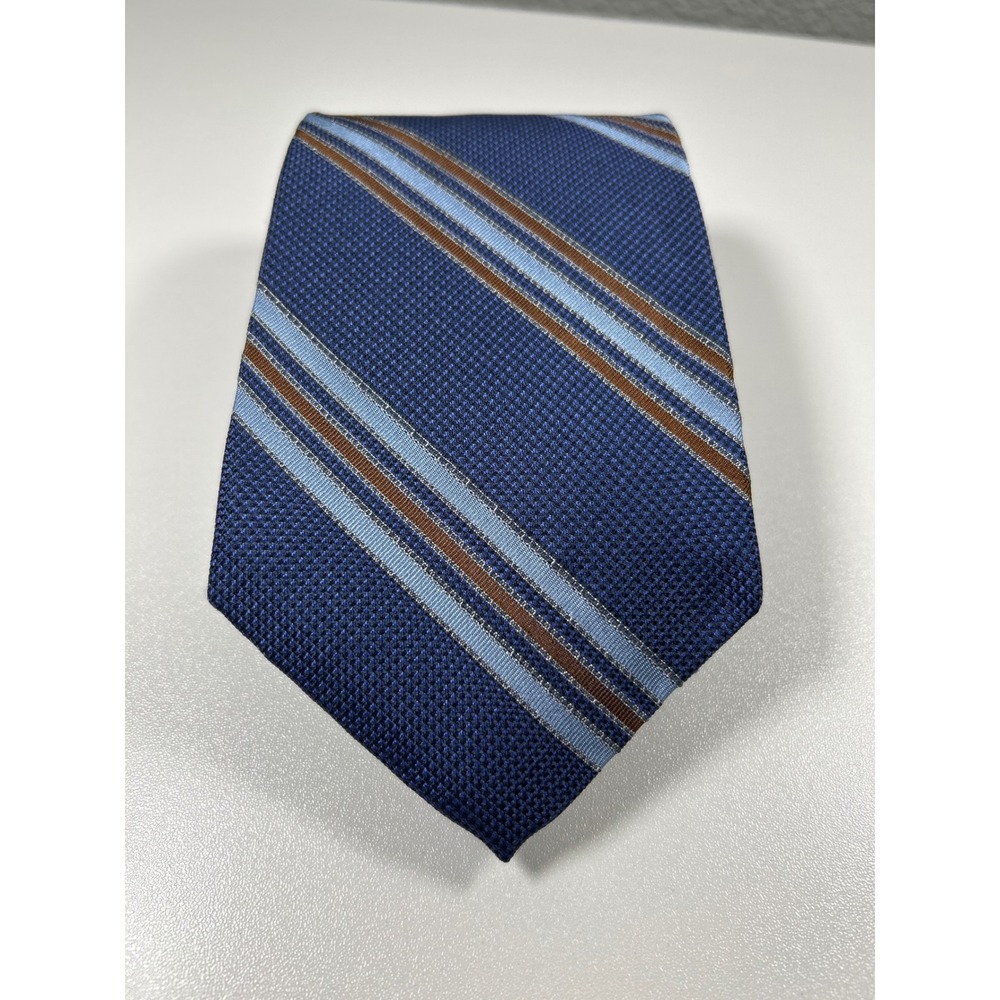 Robert Talbott Studio Mens Silk Tie Navy Blue Light Blue Brown Striped Hand Sewn